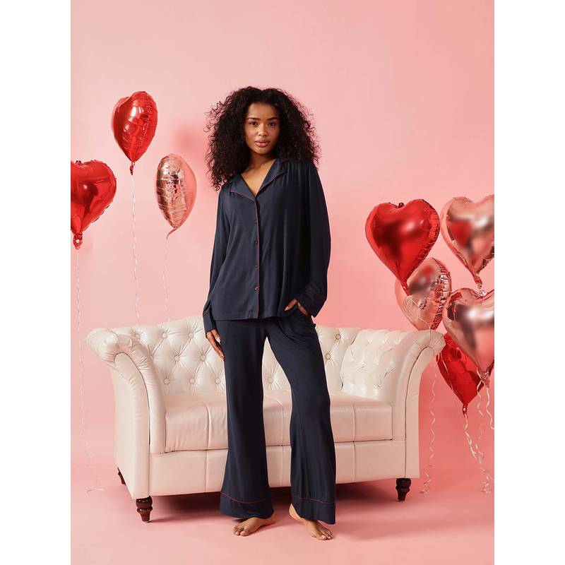 Chelvet Collared Full-Sleeve Shirt and Pyjama Navy Blue (M)