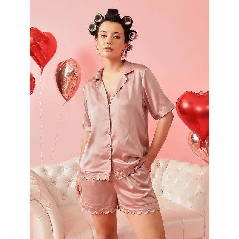 Chelvet Satin Half-Sleeves Nightwear Shirt and Pyjama Pink (S)