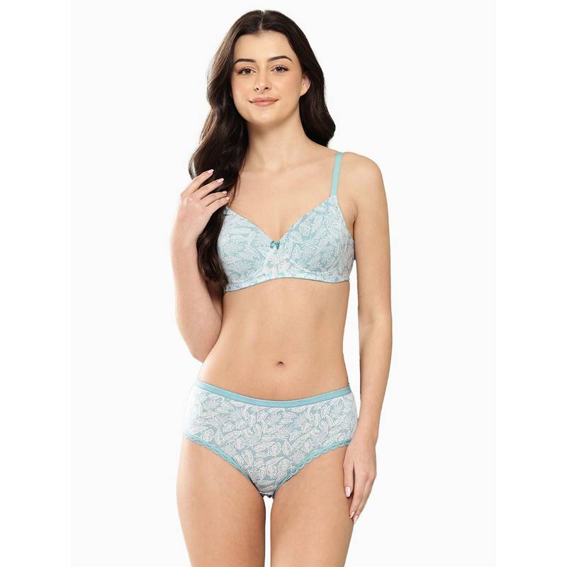 Leading Lady Womens Printed Lightly Padded Non Wired Bra and Panty Blue (32D)