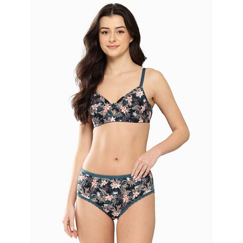 Leading Lady Womens Printed Lightly Padded Non Wired Bra and Panty Teal (36D)