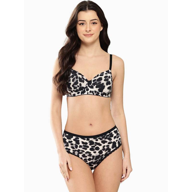Leading Lady Womens Printed Lightly Padded Non Wired Bra and Panty Black (32D)