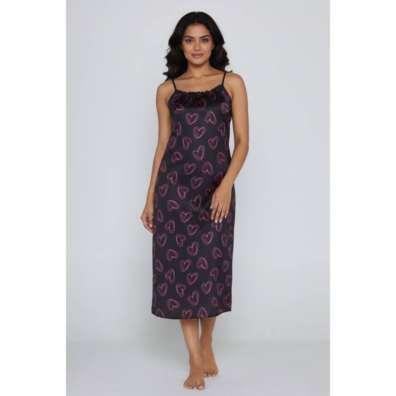 Zivame Satin Hearts Mid Length Nightdress - Black Beauty (XL)
