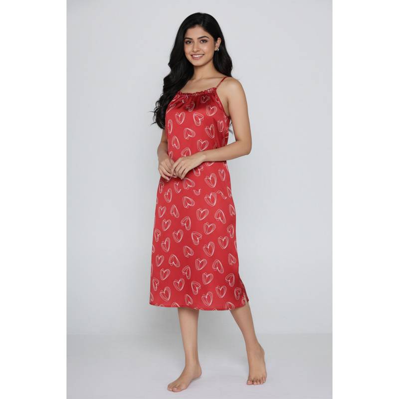 Zivame Satin Hearts Mid Length Nightdress - Samba (XL)