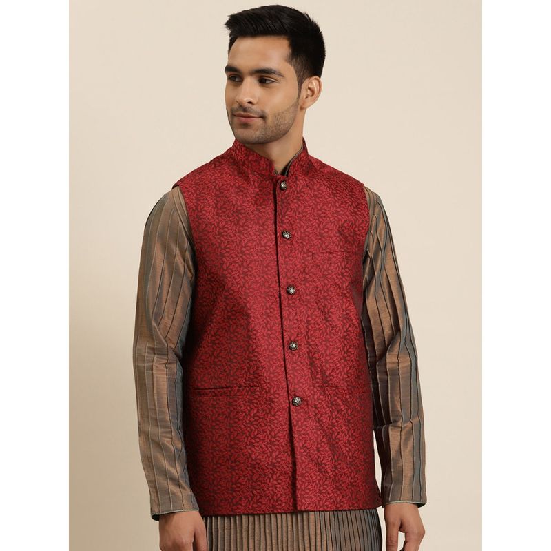 SOJANYA Jacquard Silk Maroon Self Design Only Nehru Jacket (S)