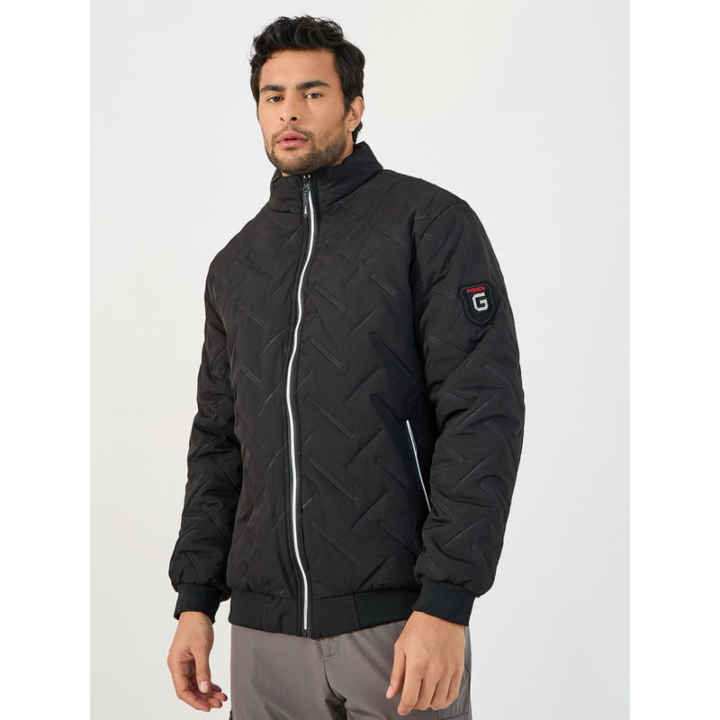 Styli Mens Black Patterned Quilted High Neck Puffer Jacket (L)