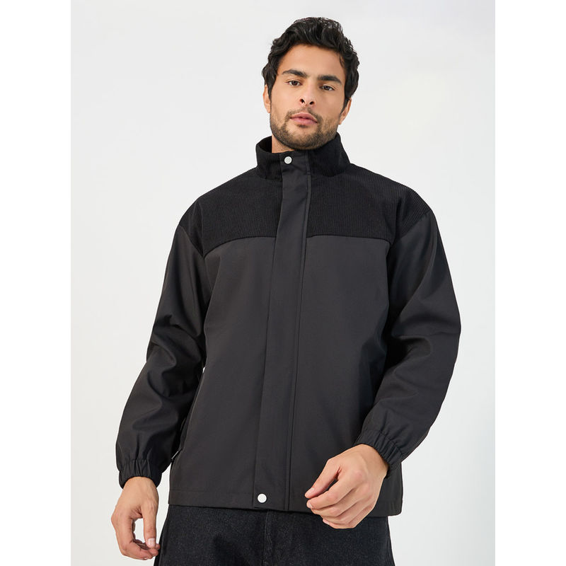 Styli Mens Black High Neck Windbreaker Jacket (M)