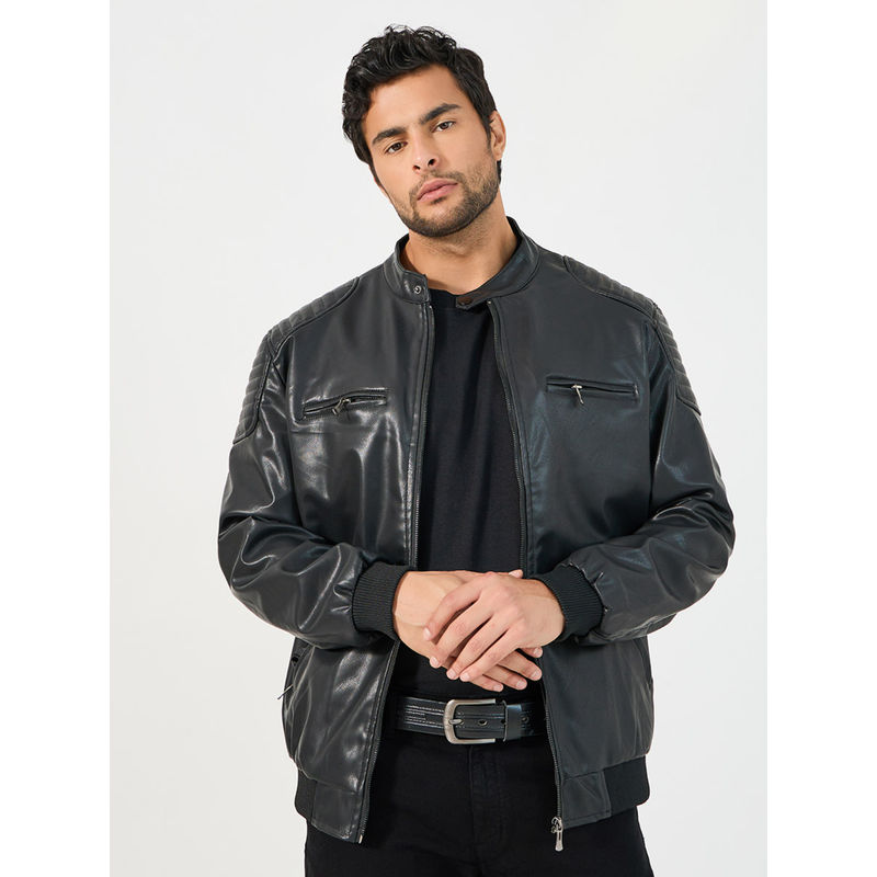 Styli Mens Black Faux Leather Biker Jacket (M)
