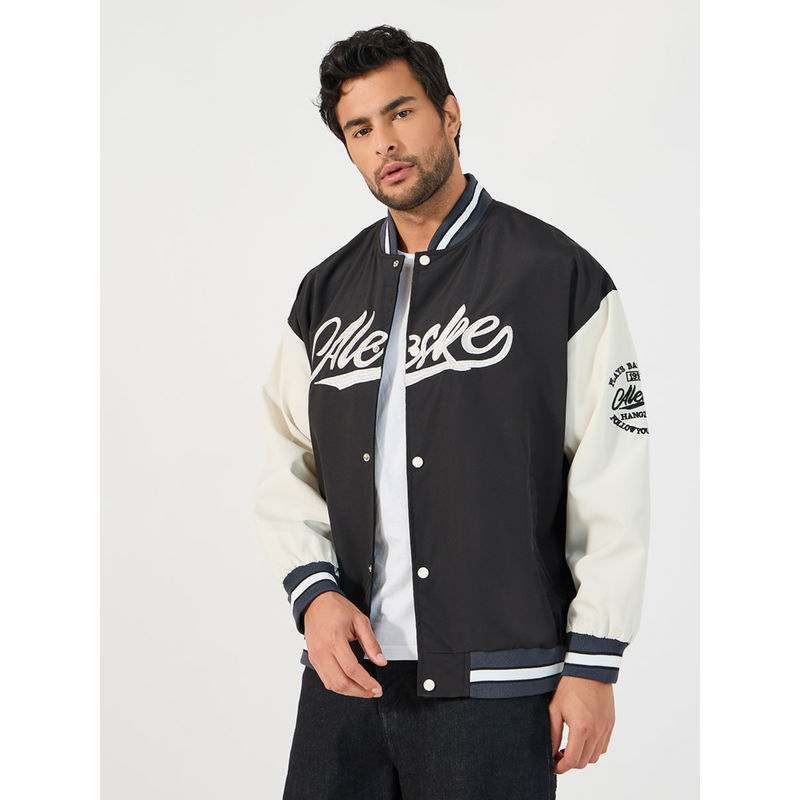 Styli Mens Black Varsity Embroidery Bomber Jacket (L)