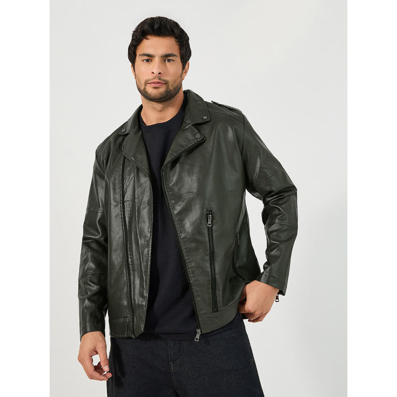 Styli Mens Green Faux Leather Biker Jacket (M)