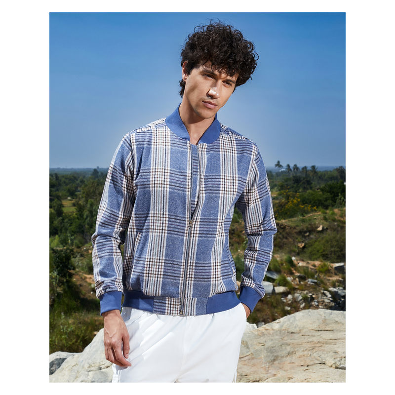 Campus Sutra Mens Blue Tartan Plaid Ribbed Hem Jacket (M)