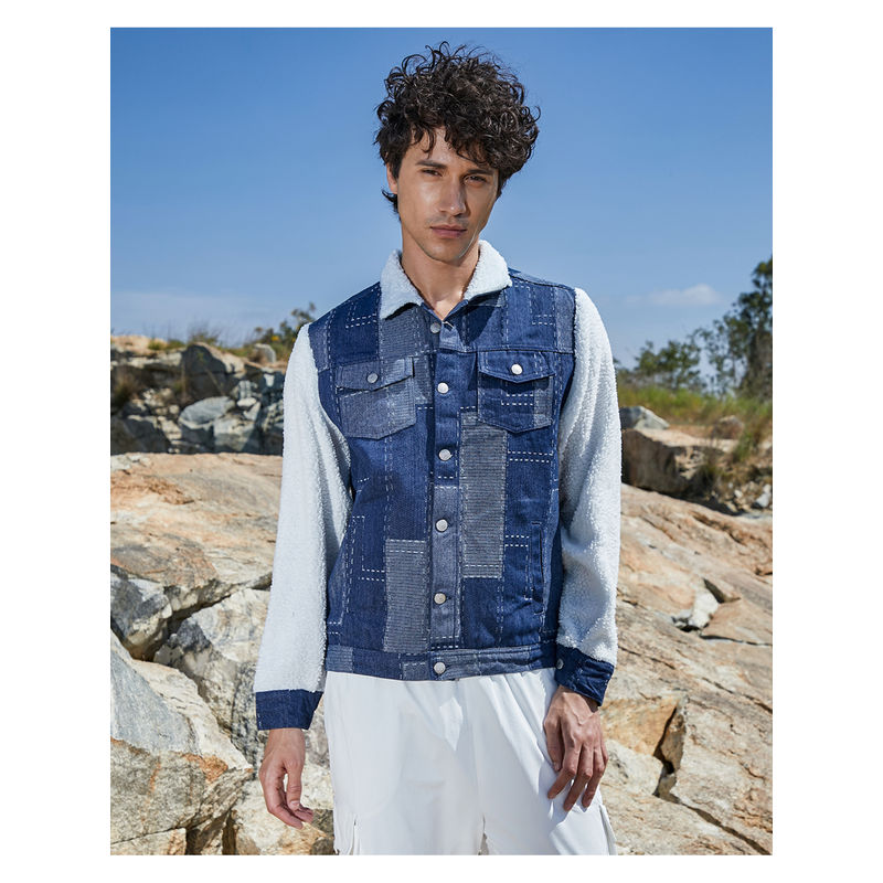 Campus Sutra Mens Navy Blue Fleece Block Denim Jacket (M)