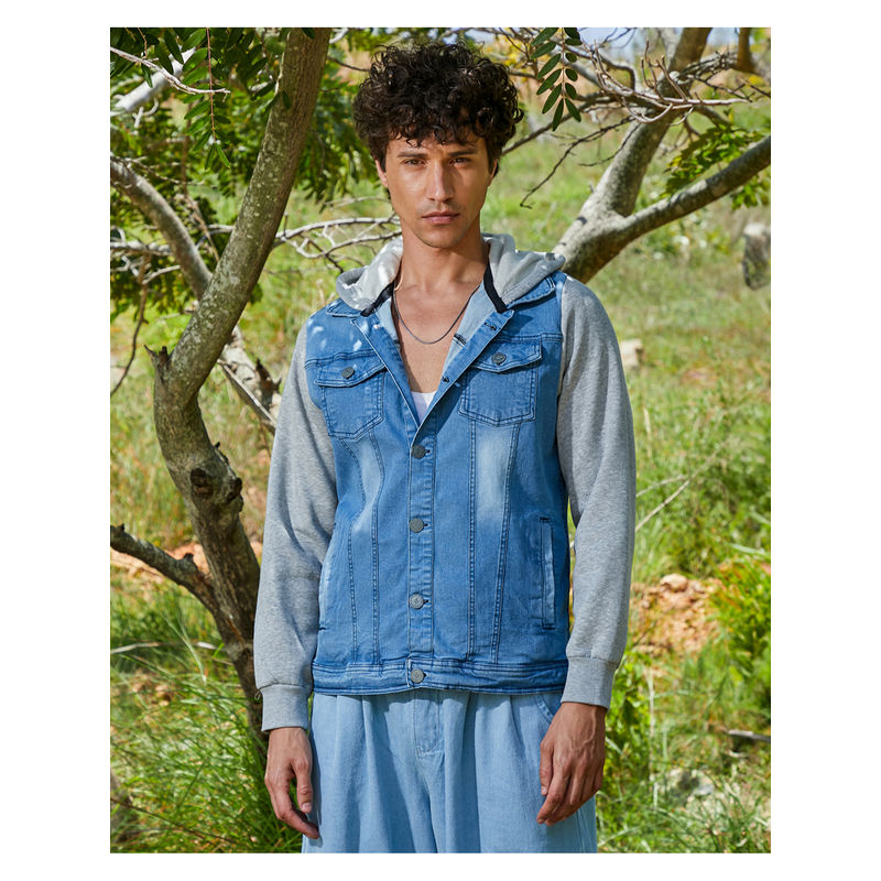 Campus Sutra Mens Grey & Blue Medium-Wash Denim Jacket (M)