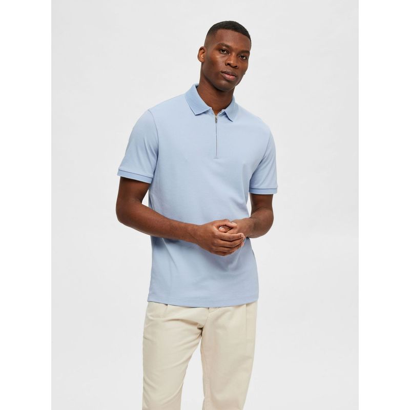 Selected Light Blue Zip-Collar Polo T-Shirt (S)