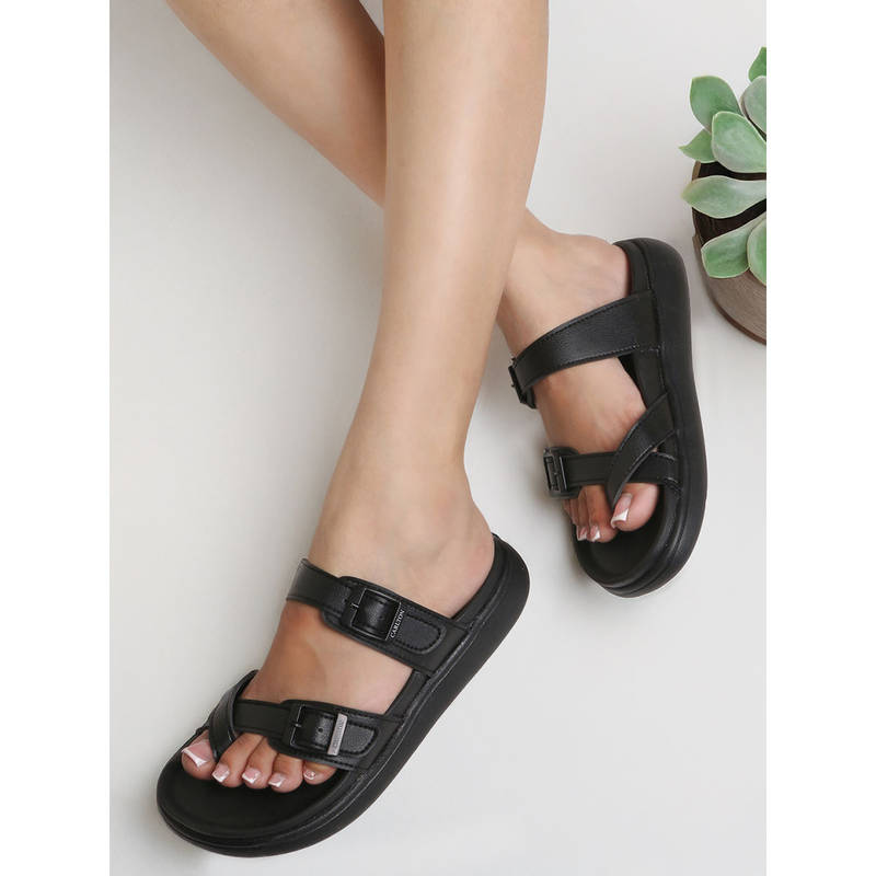Carlton London Women Black Toe Loop Double Buckle Slide Comfort Sandals (EURO 37)