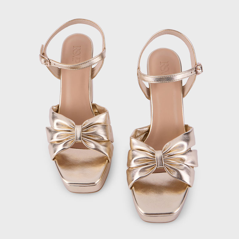 RSVP by Nykaa Fashion Gold Metallic Bow Square Toe Block Heels (EURO 36)