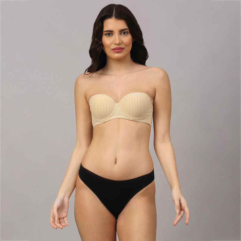 PrettyCat Strapless Pushup Striped Bra Panty Set - Nude (36B)