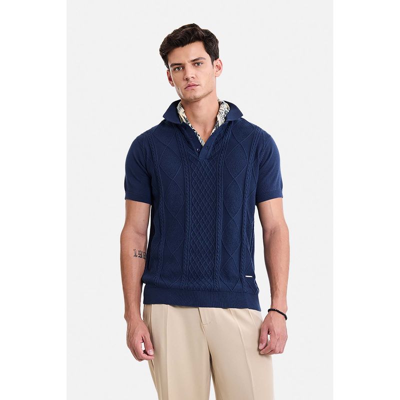 Snitch Navy Blue Cable-knit Half Sleeves Regular Casual Polo T-Shirt (2XL)