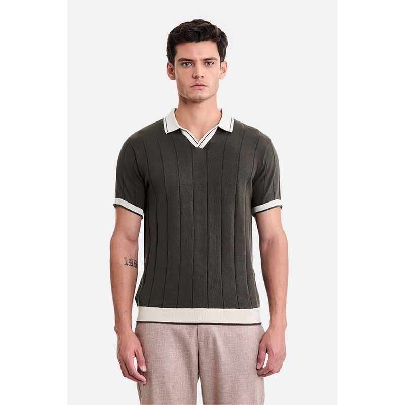 Snitch Dark Brown Ribbed Half Sleeves Regular Casual Polo T-Shirt (XS)