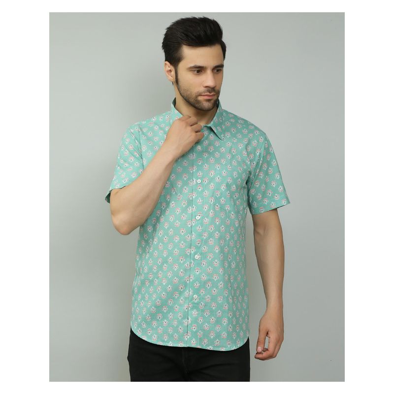 Spring Soul Cotton Printed Half Sleeves Shirt Blue (S)