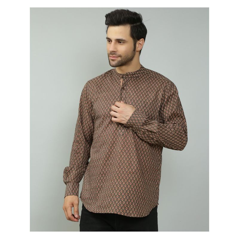 Spring Soul Cotton Printed Full Sleeves Kurta Style Shirt Brown (S)