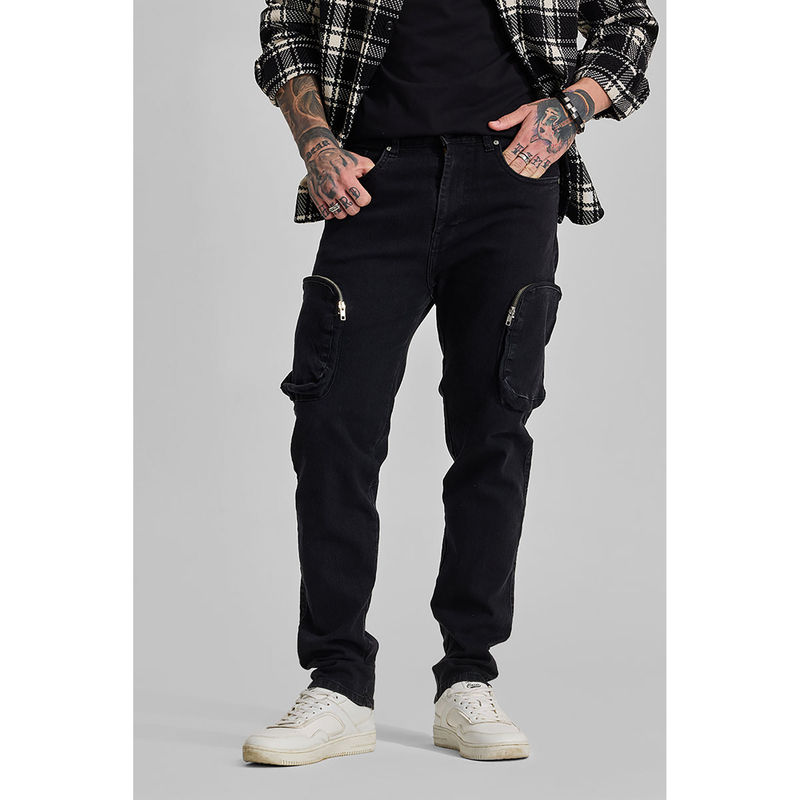 Snitch Black Regular Fit Cargo Jeans (38)