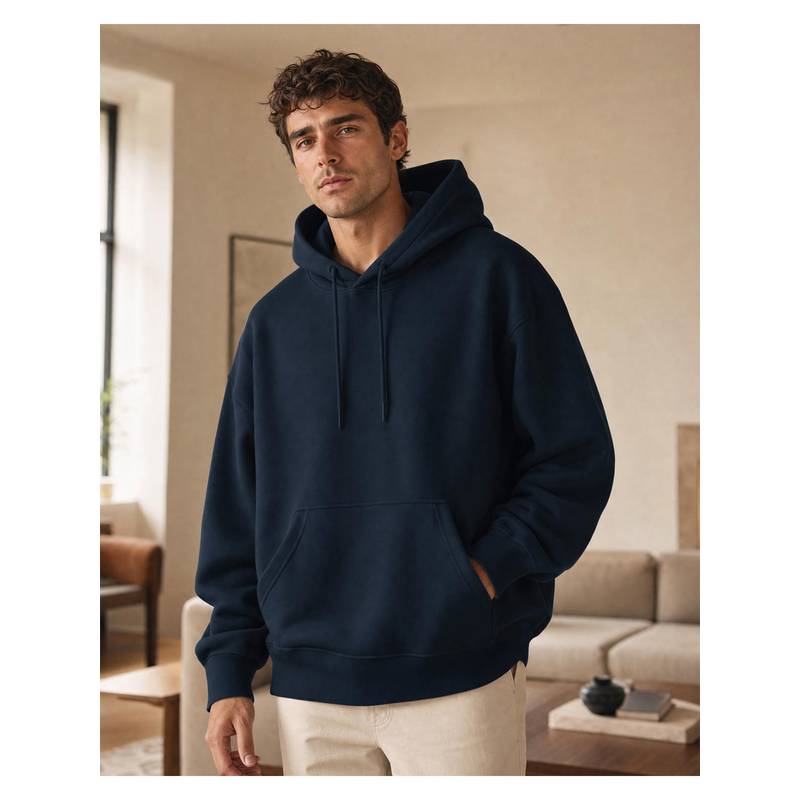 Nobero Navy Blue Solid Oversized Hoodie (L)