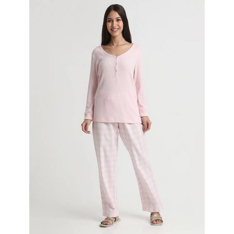 R&B Women Pink Scoop Neck Textured Top with Pyjama (10)