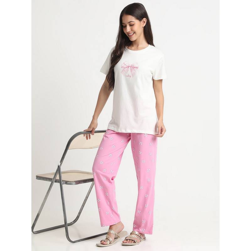 R&B Women Pink Crew Neck Printed Top with Pyjama (10)