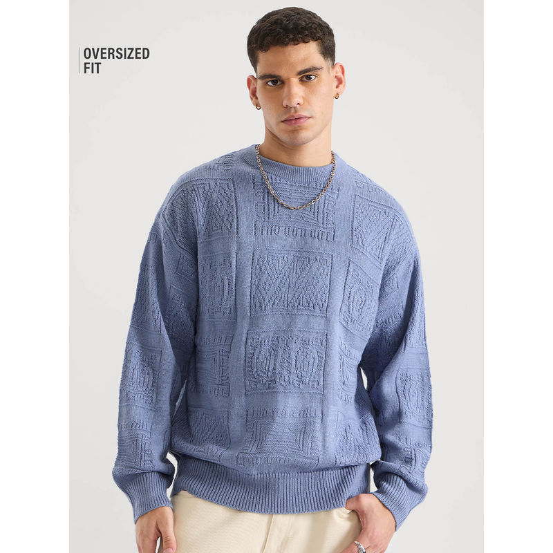 The Souled Store Jacquard Knit Indie Azure Men Oversized Pullover Sweater (M)