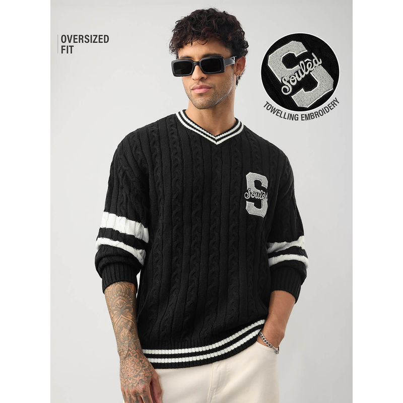 The Souled Store Cable Knit Varsity Black Men Oversized Pullover Sweater (XL)
