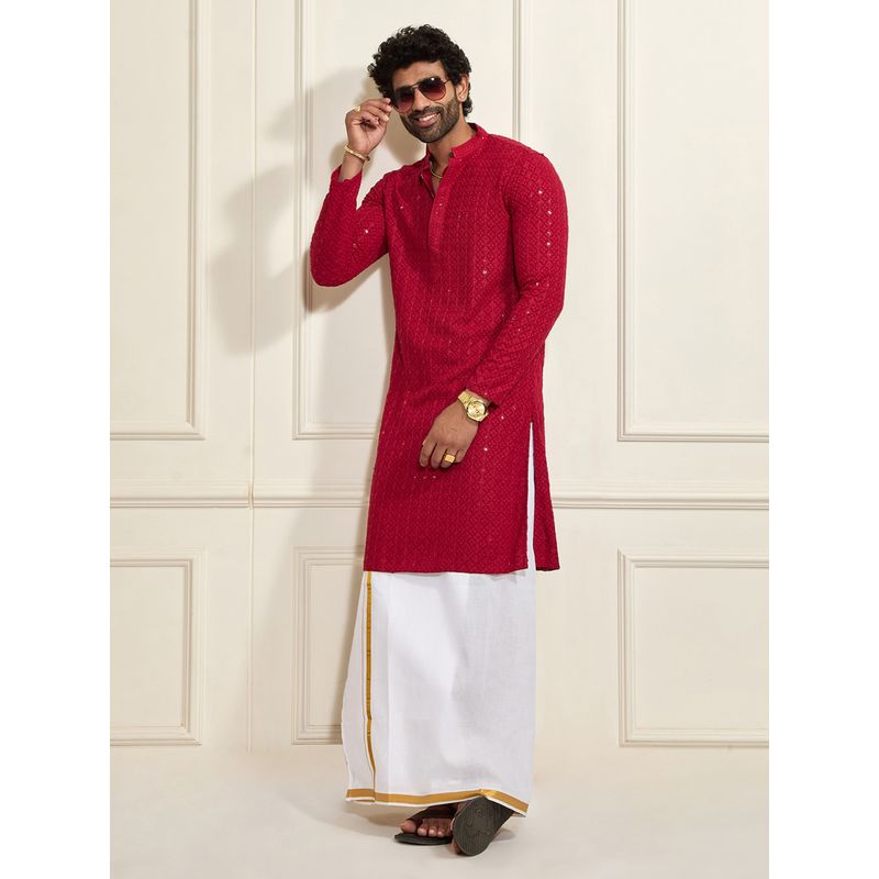 Vastramay Men Rayon Sequined Schiffli Embroidered Kurta with Mundu (Set of 2) (40)
