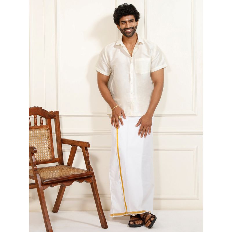 Vastramay Men Ethnic South Indian Style Half Sleeve Silk Shirt with Mundu (Set of 2) (36)