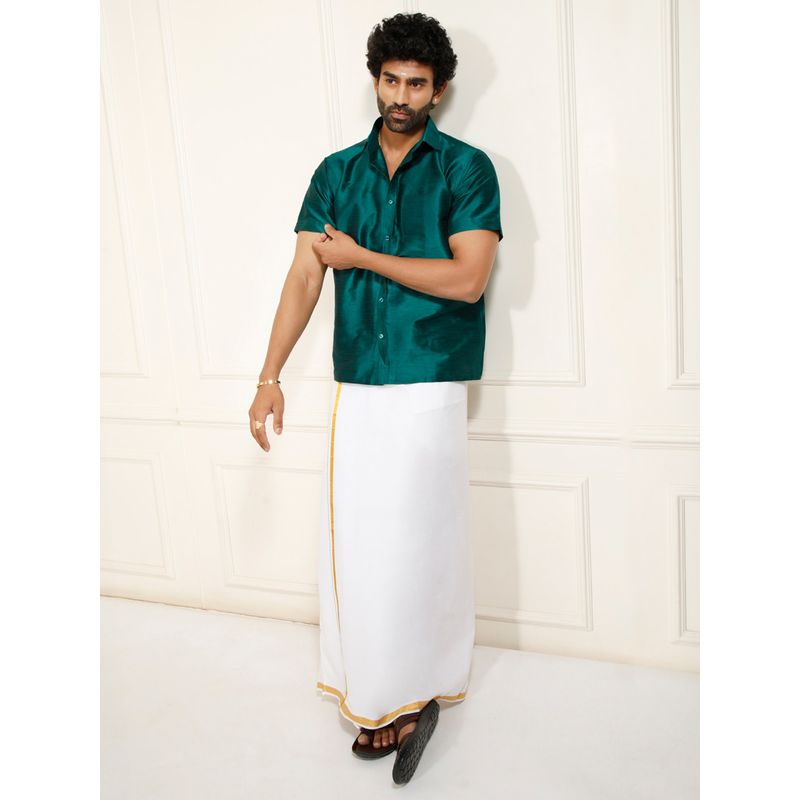 Vastramay Men Ethnic South Indian Style Half Sleeve Silk Shirt with Mundu (Set of 2) (38)