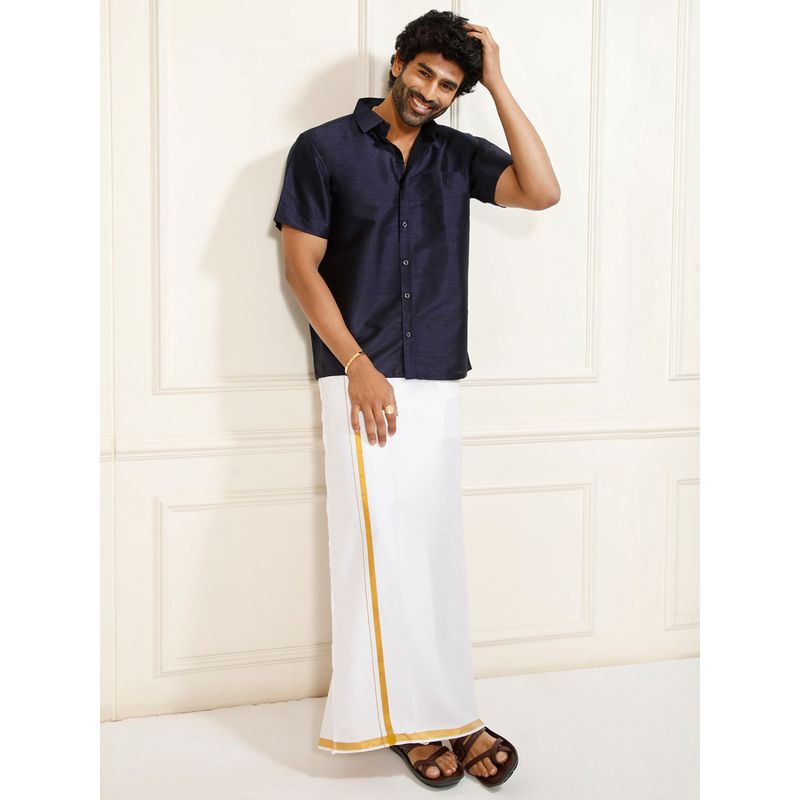 Vastramay Men Ethnic South Indian Style Half Sleeve Silk Shirt with Mundu (Set of 2) (36)