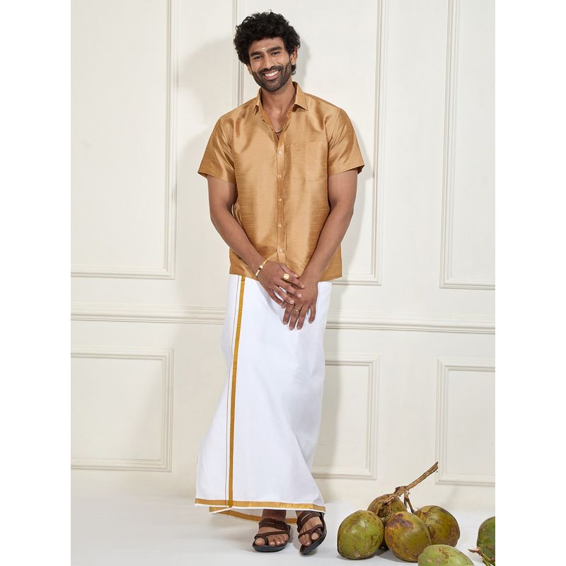 Vastramay Men Ethnic South Indian Style Half Sleeve Silk Shirt with Mundu (Set of 2) (36)