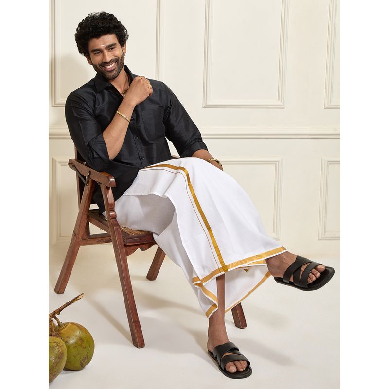 Vastramay Men Ethnic South Indian Style Full Sleeves Silk Shirt with Mundu (Set of 2) (38)