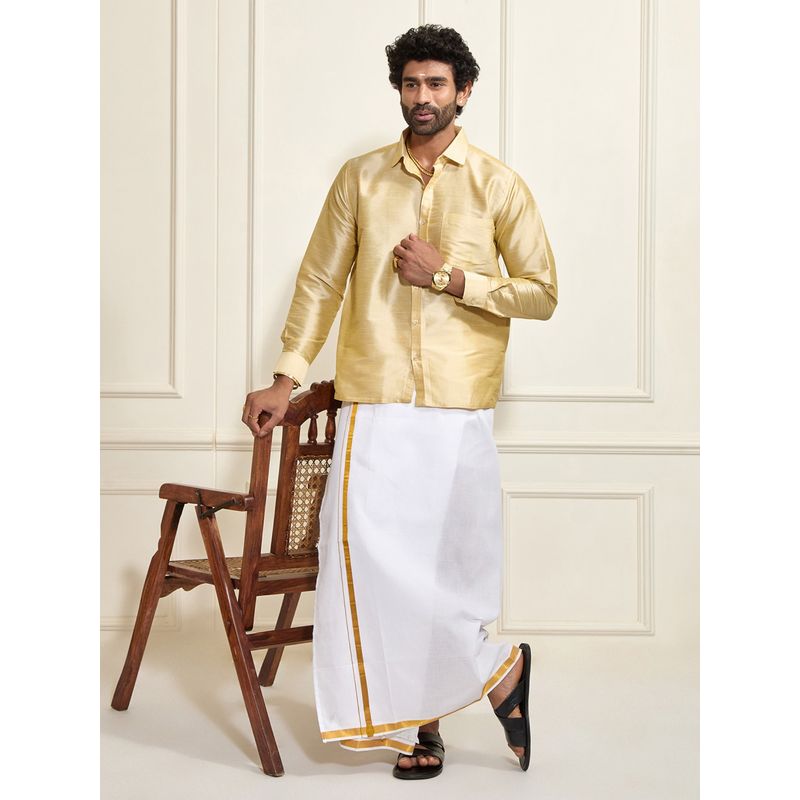 Vastramay Men Ethnic South Indian Style Full Sleeves Silk Shirt with Mundu (Set of 2) (38)