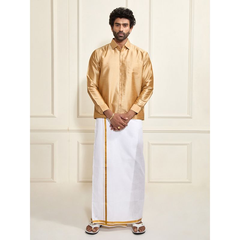 Vastramay Men Ethnic South Indian Style Full Sleeves Silk Shirt with Mundu (Set of 2) (36)