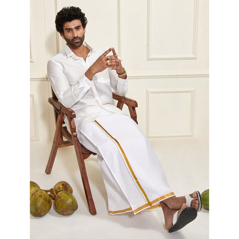 Vastramay Men Ethnic South Indian Style Full Sleeves Silk Shirt with Mundu (Set of 2) (40)