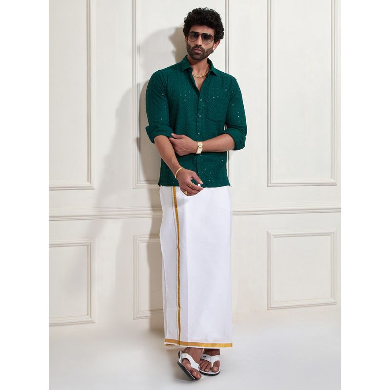 Vastramay Men Rayon Sequined Schiffli Embroidered Shirt with Mundu (Set of 2) (36)