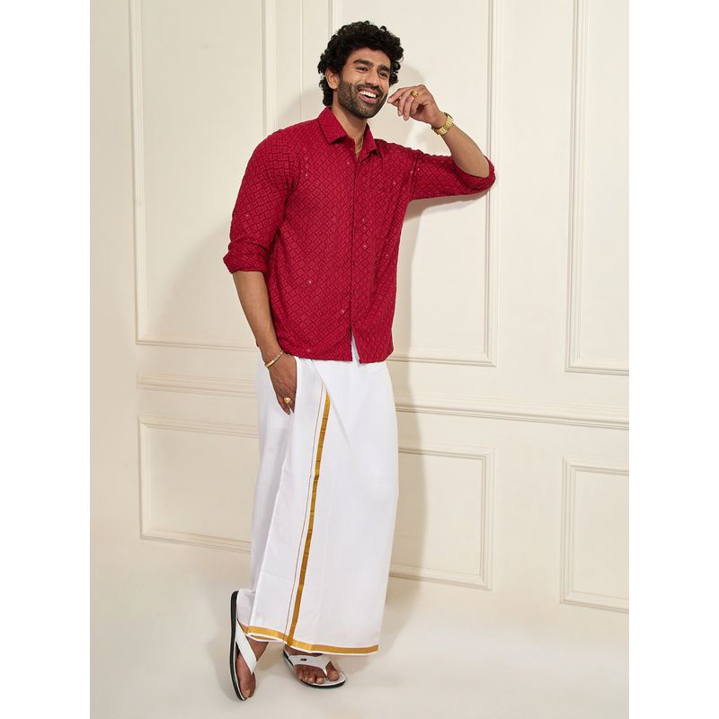 Vastramay Men Rayon Sequined Schiffli Embroidered Shirt with Mundu (Set of 2) (36)