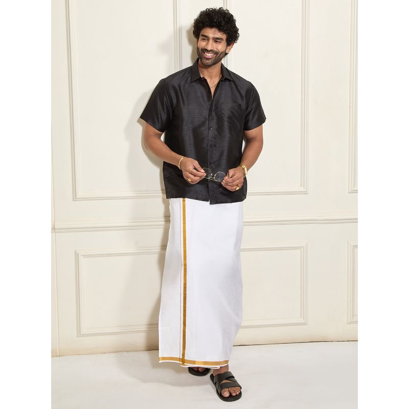 Vastramay Men Ethnic South Indian Style Half Sleeve Silk Shirt with Mundu (Set of 2) (36)