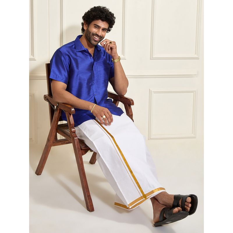 Vastramay Men Ethnic South Indian Style Half Sleeve Silk Shirt with Mundu (Set of 2) (36)