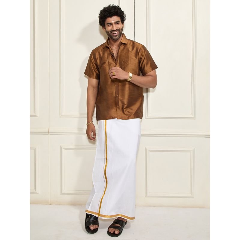 Vastramay Men Ethnic South Indian Style Half Sleeve Silk Shirt with Mundu (Set of 2) (36)