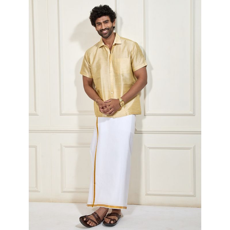 Vastramay Men Ethnic South Indian Style Half Sleeve Silk Shirt with Mundu (Set of 2) (36)