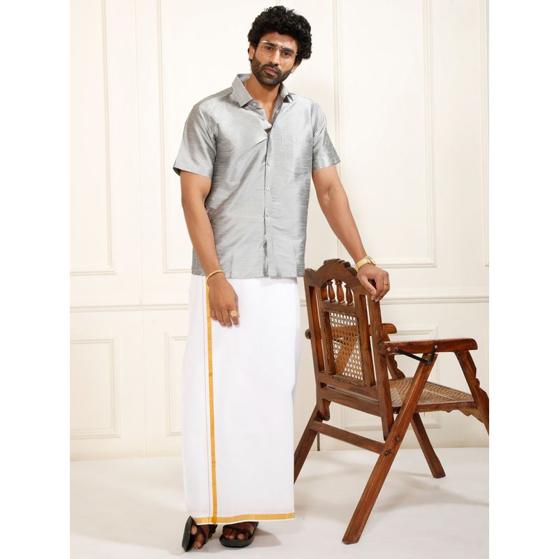 Vastramay Men Ethnic South Indian Style Half Sleeve Silk Shirt with Mundu (Set of 2) (36)