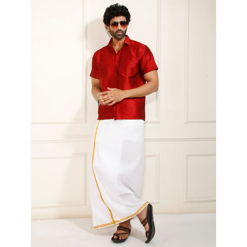 Vastramay Men Ethnic South Indian Style Half Sleeve Silk Shirt with Mundu (Set of 2) (36)