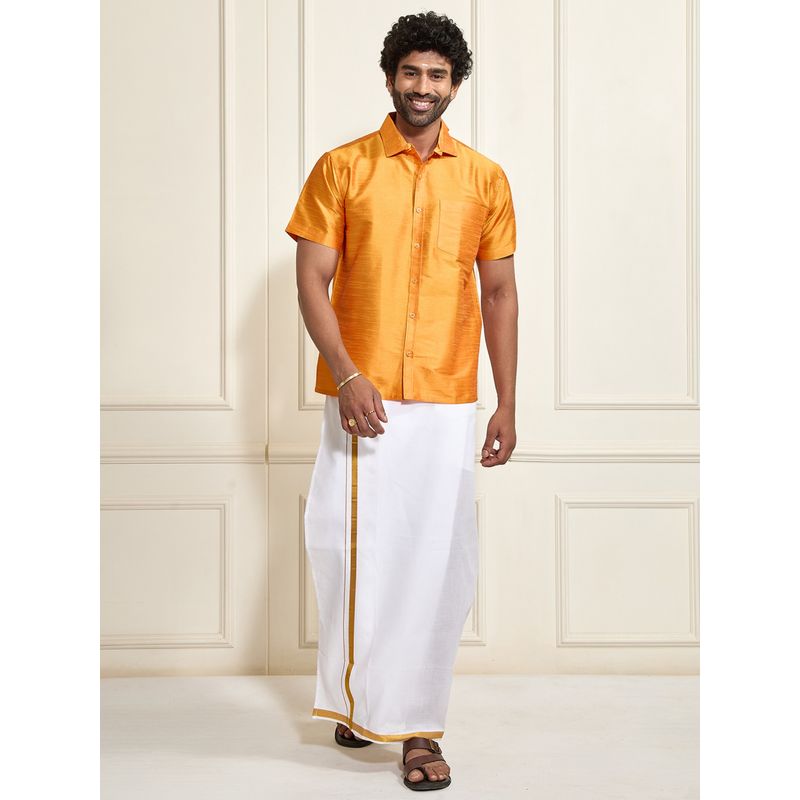 Vastramay Men Ethnic South Indian Style Half Sleeve Silk Shirt with Mundu (Set of 2) (M)