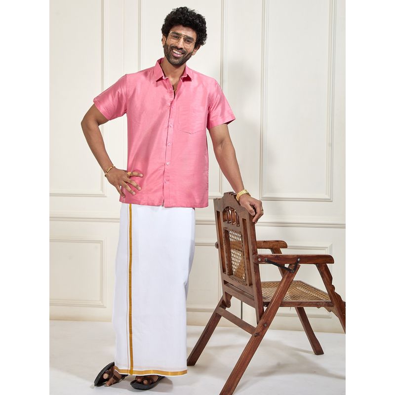 Vastramay Men Ethnic South Indian Style Half Sleeve Silk Shirt with Mundu (Set of 2) (36)