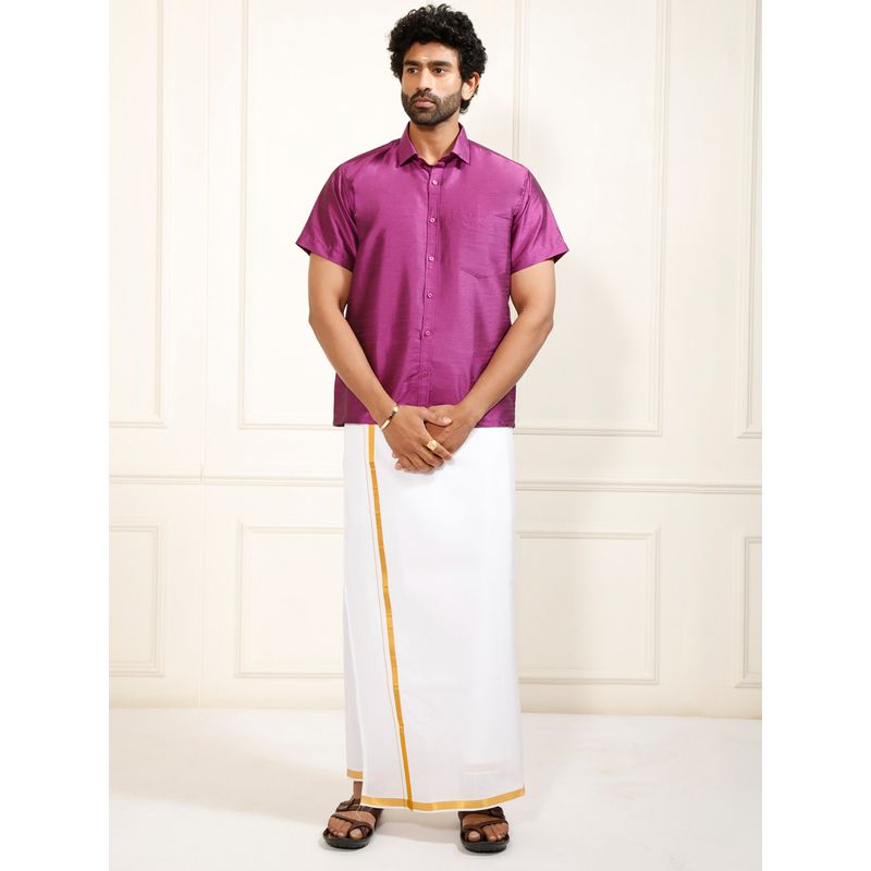 Vastramay Men Ethnic South Indian Style Half Sleeve Silk Shirt with Mundu (Set of 2) (L)